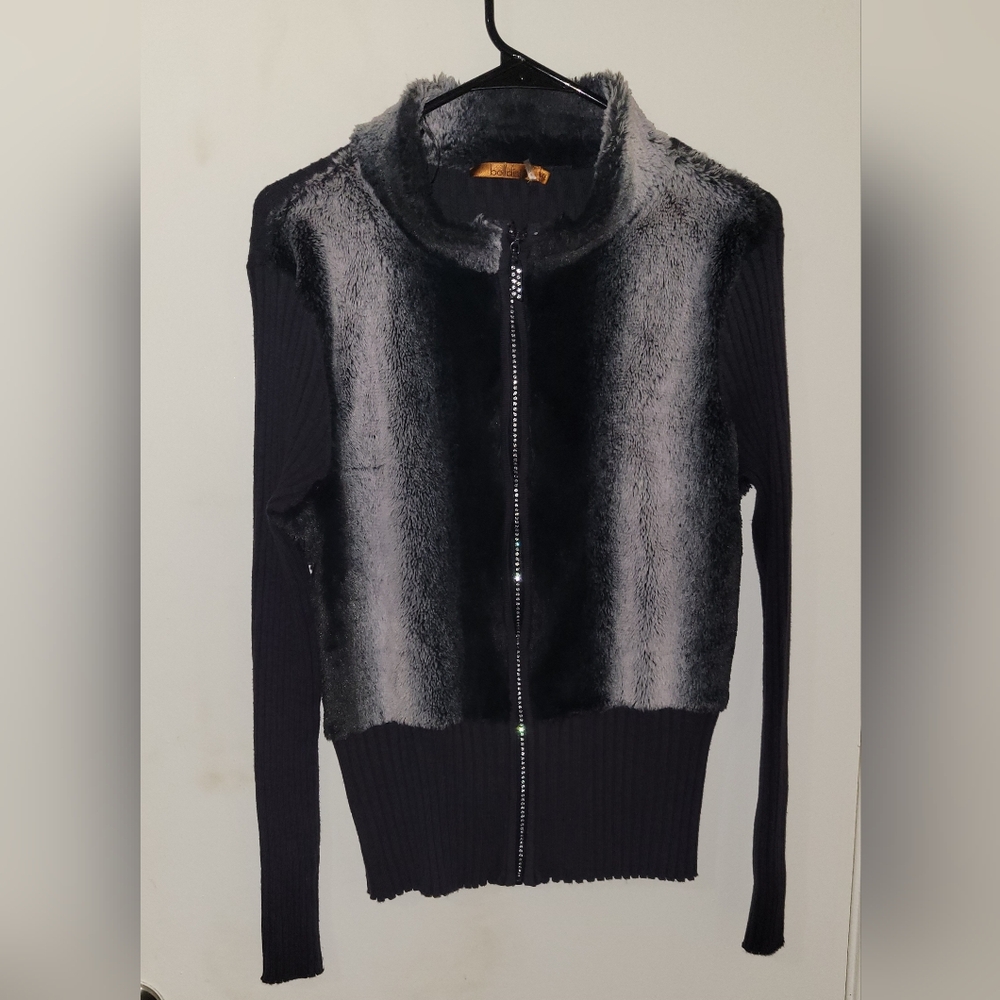 Womens Black Y2K Faux Fur Ribbed Full Zip Sweater Jacket Rhinestones Size XL